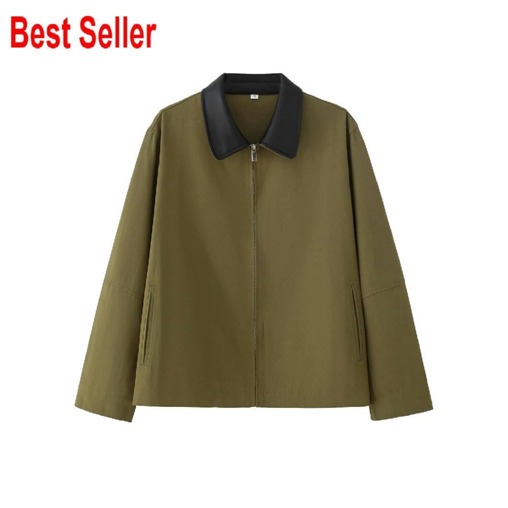 Zip Up Casual Lightweight Jacket Contrast Leather Collar Spring Fall Outwear